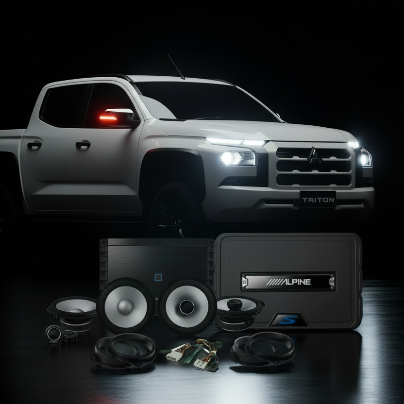 Car audio system components with a white truck in the background