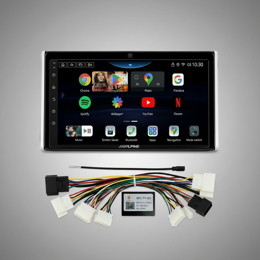 Alpine 10-inch car stereo head unit with a black bezel and silver trim, shown with its wiring harnesses and an ECU module on a light gray background.