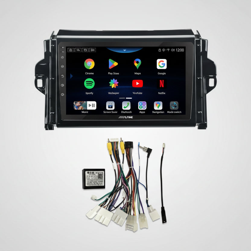 Car multimedia system with touchscreen display and wiring harness on a white background