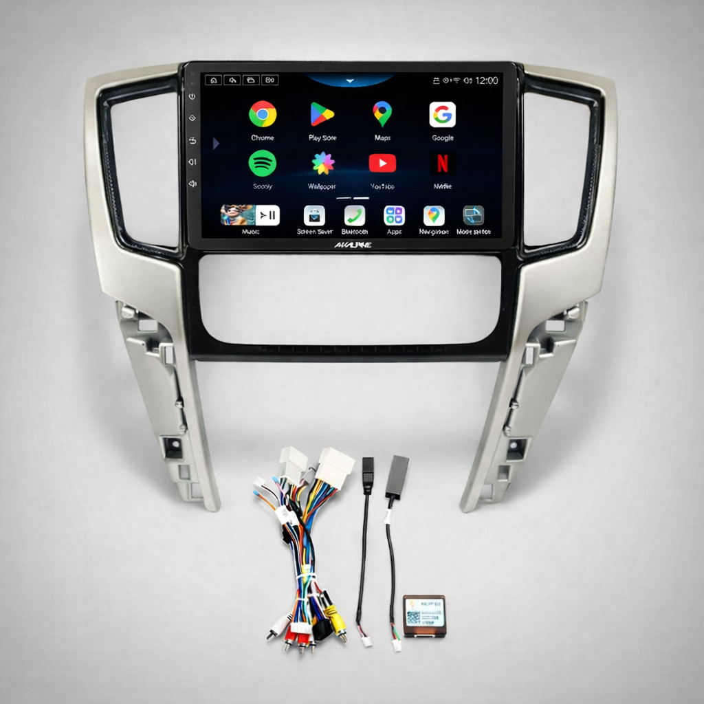 Car stereo system with touchscreen display and installation accessories on a gray background